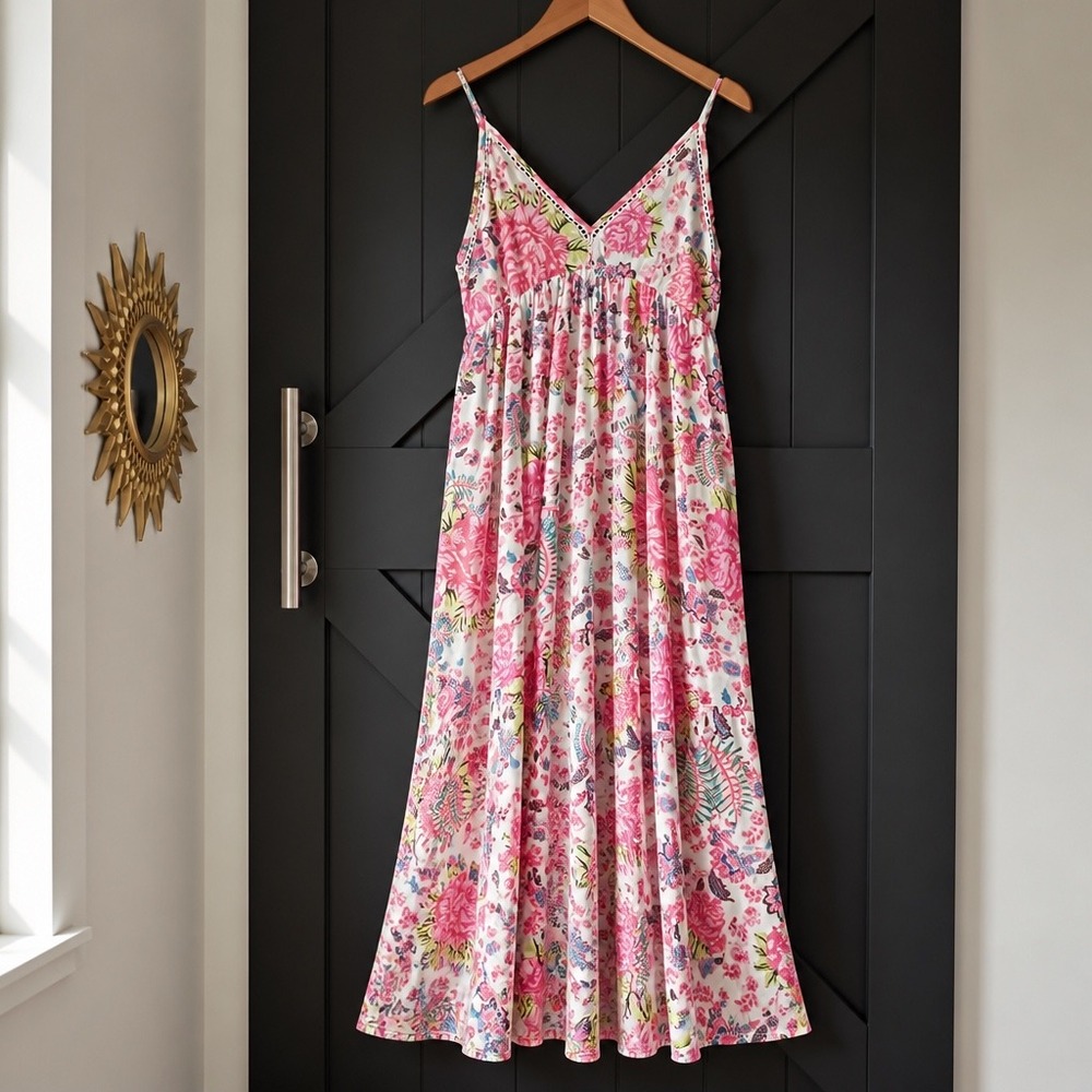 Debbie Katz Maxi Dress L Pink Floral Boho Resort Beach Cotton Gauze Vacation